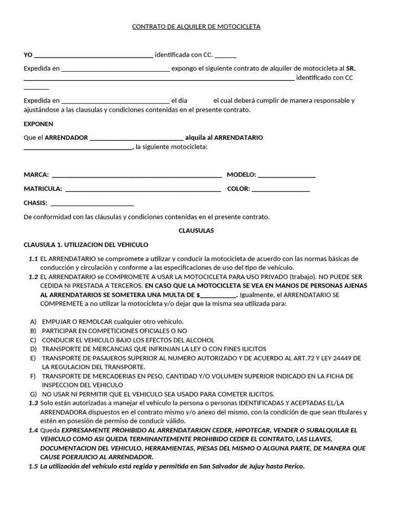 Contrato de Alquiler de Motocicleta | PDF