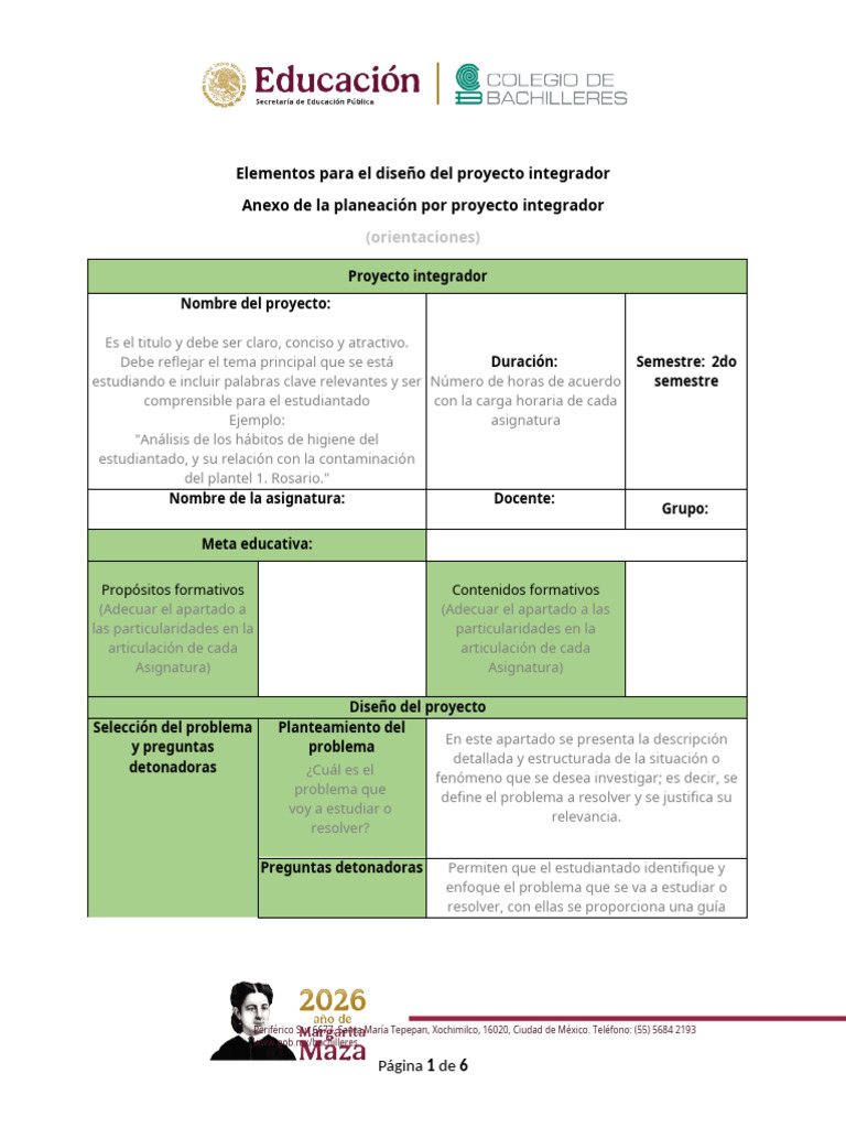 PLAN 2025 Anexo Formato de Proyecto Integrador - Modelo Educativo 2025 ...