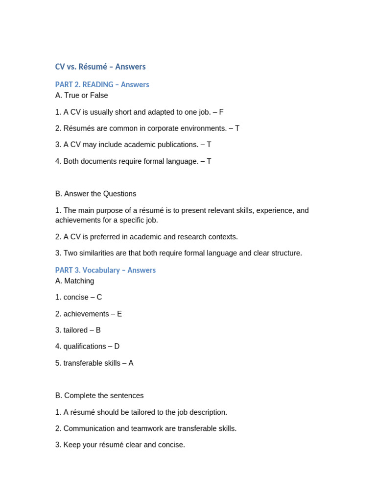 CV Vs Resume Answers | PDF