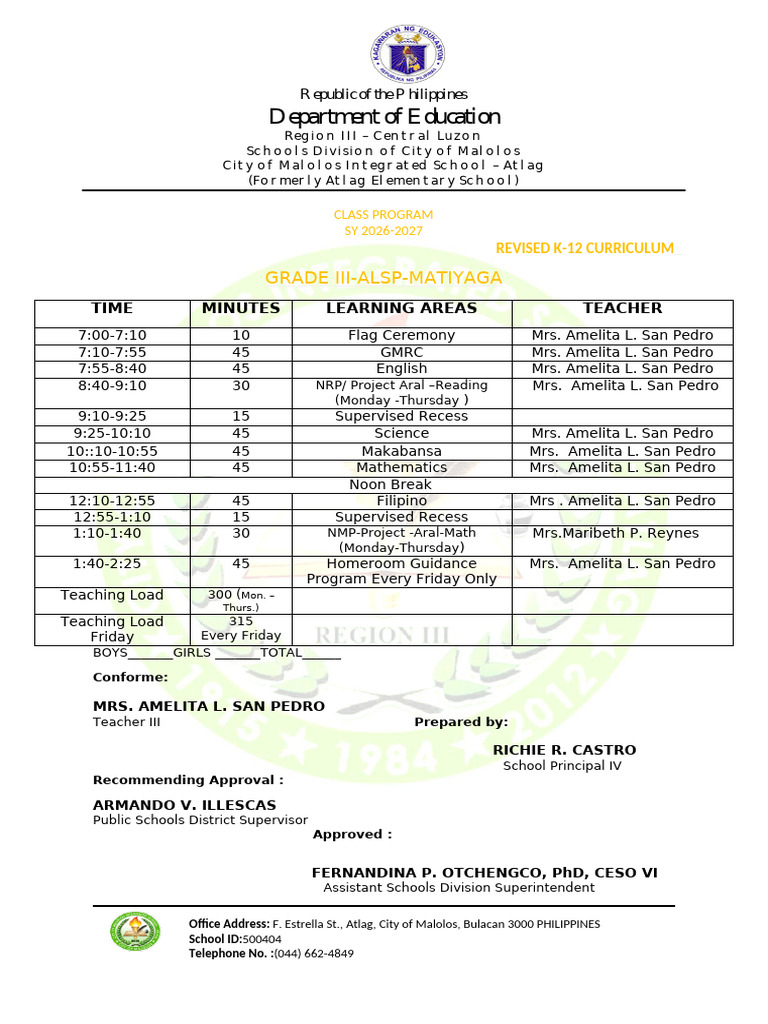 2026 2027 Grade 3 Matatag Class Program | PDF