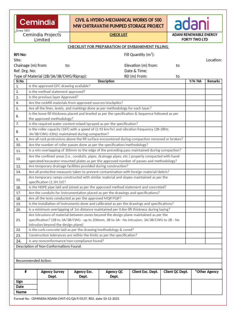 Checklist For Embakment Filling | PDF