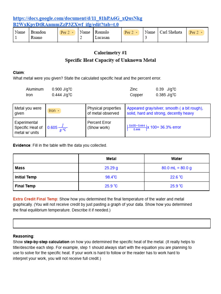 15 Thermo Lab (Specific Heat & Enthalpy) Lab Report | PDF