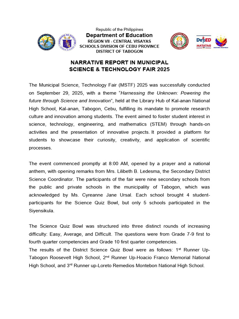 Narrative Report in District Science Fair 2025 | PDF