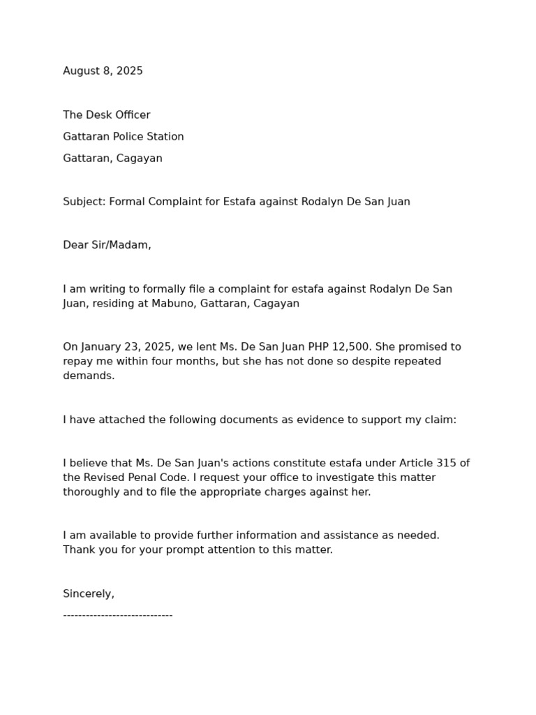 Letter To File A Case | PDF