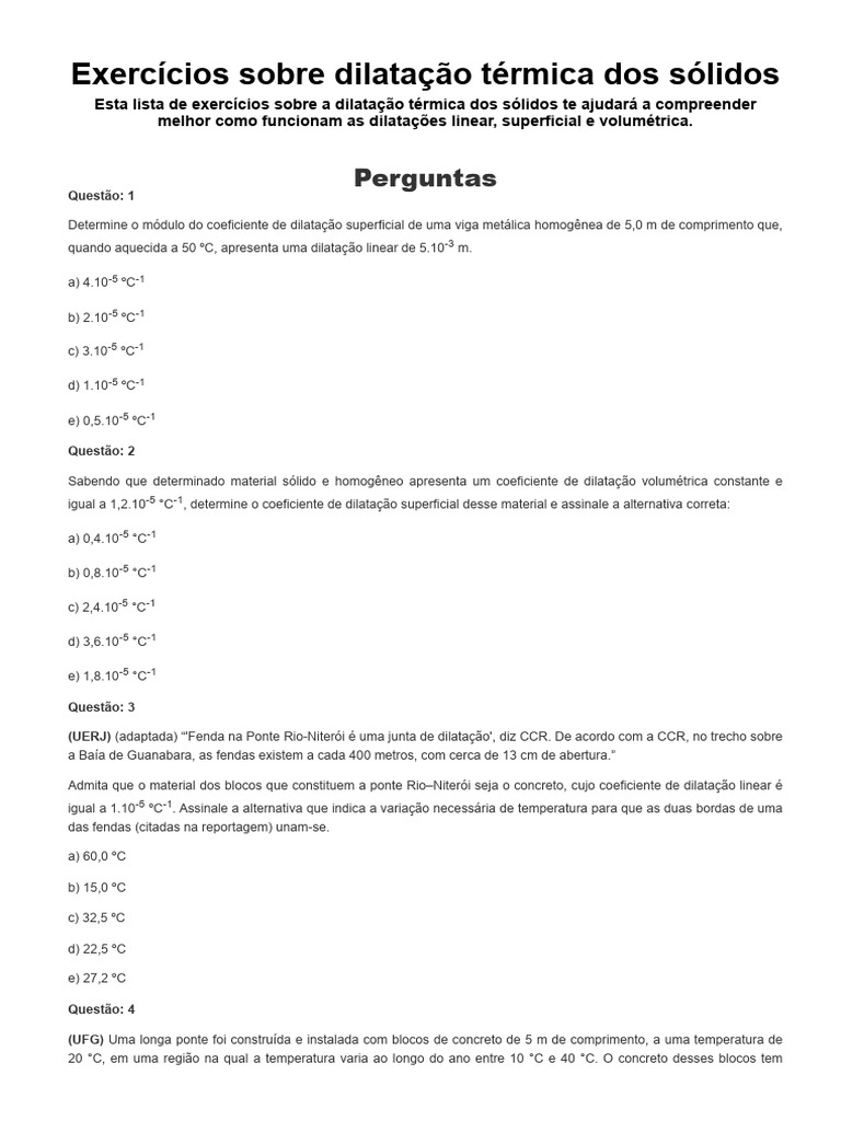 Exercícios Sobre Dilatação Térmica Dos Sólidos - Brasil Escola | PDF