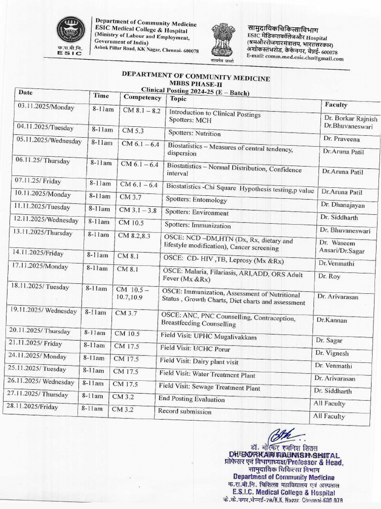 Theory Schedule and Clinical Postings For E-Batch Mbbs Phase 2 (24-25 ...