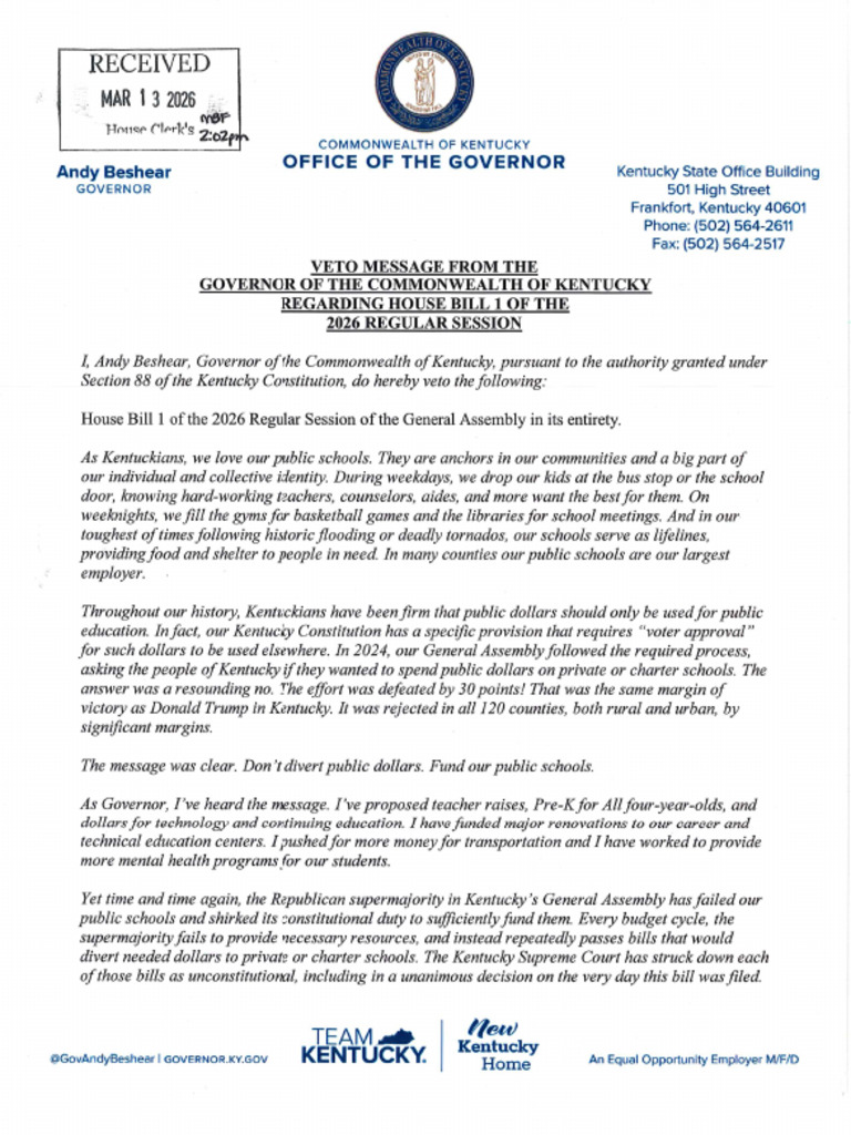 Beshear Veto Statement | PDF