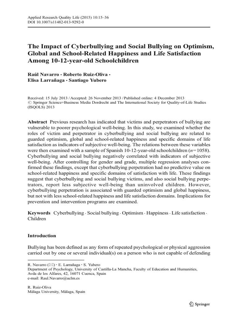The Impact of Cyberbullying and Social Bullying On Optimism | PDF