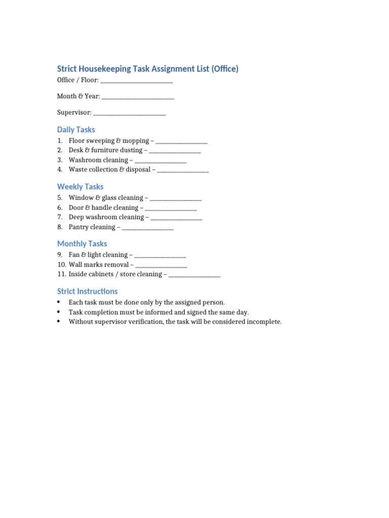 Strict Housekeeping Task Assignment List | PDF