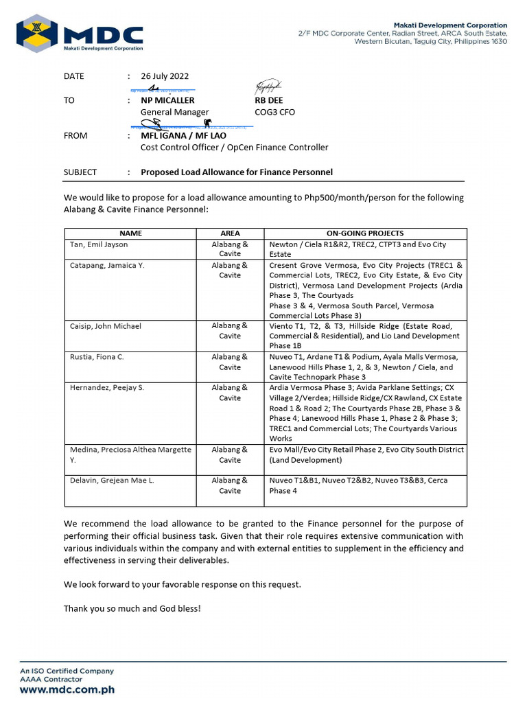 Memo Load Allowance | PDF