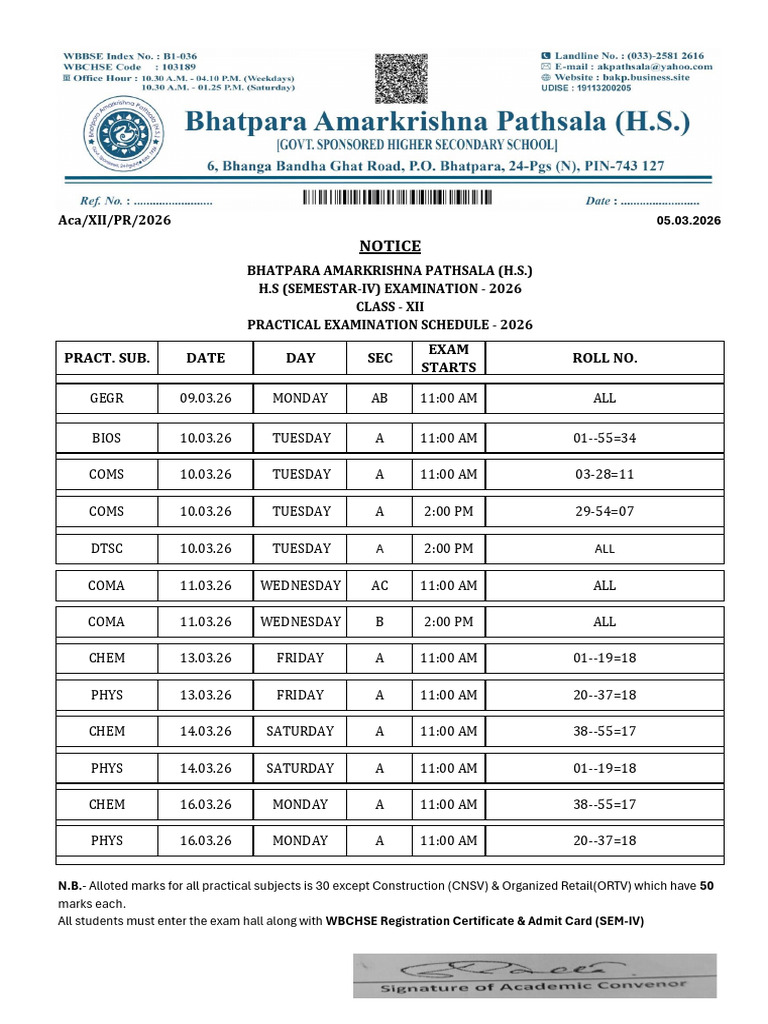 Hs Practical Examination Routine - 2026 | PDF