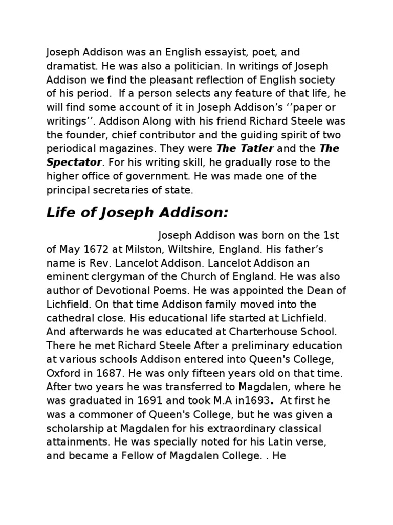 Joseph Addison Was An English Essayist PDF Poetry