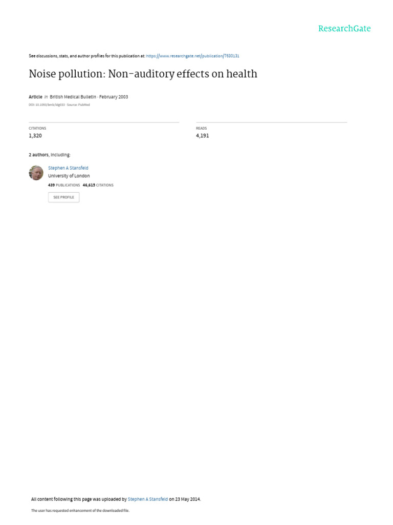 Noise Pollution Non-Auditory Effects On Health | PDF
