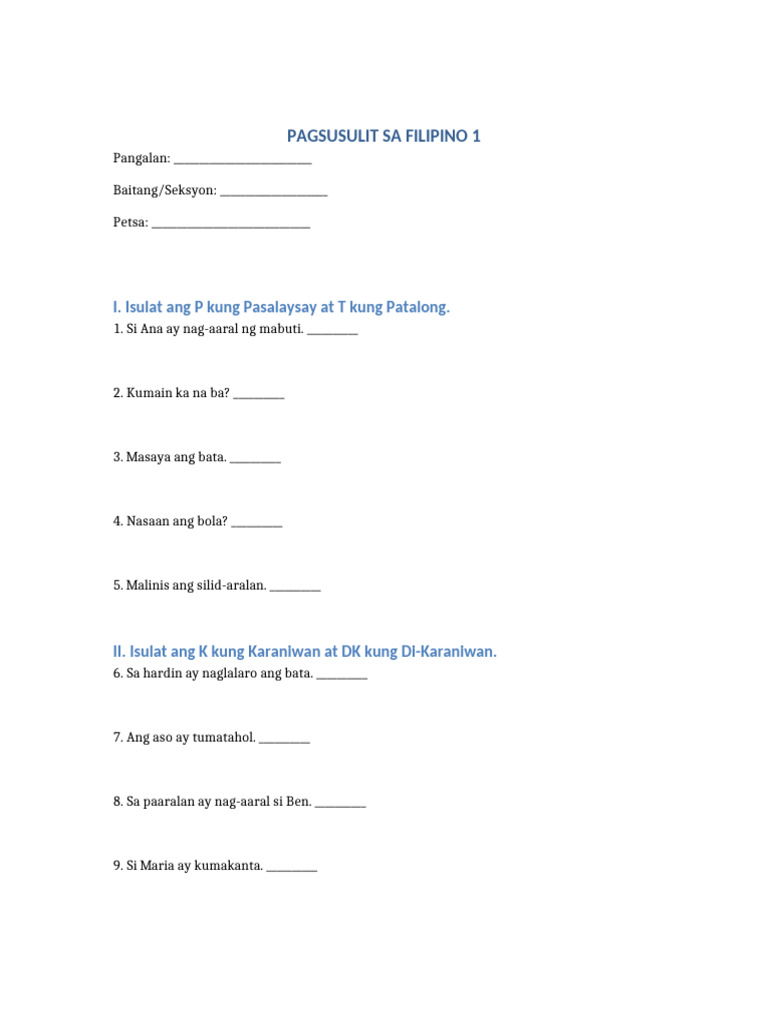 Pagsusulit Sa Filipino Grade 1 | PDF
