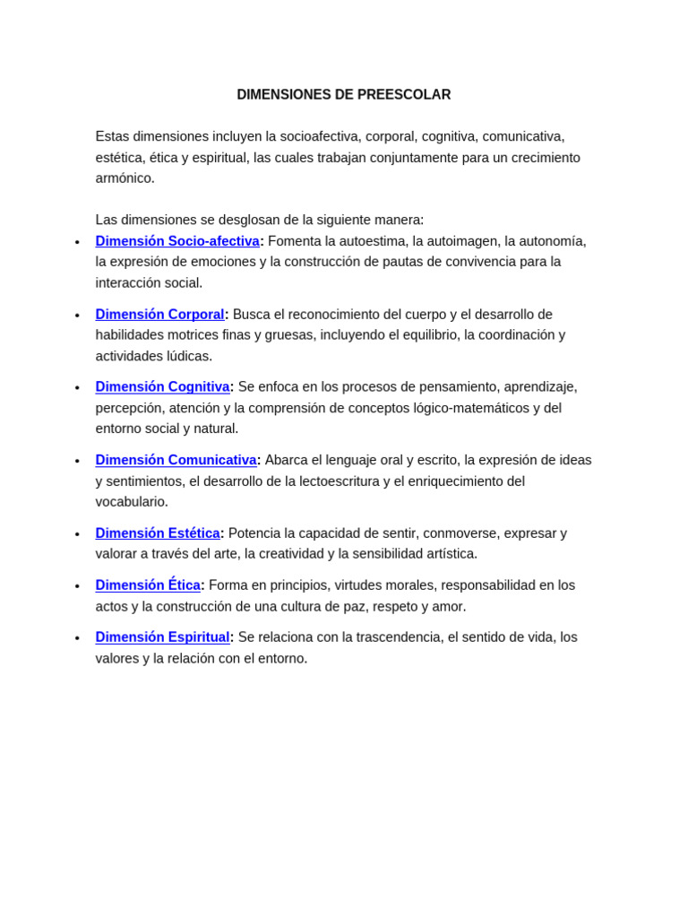 Dimensiones de Preescolar | PDF