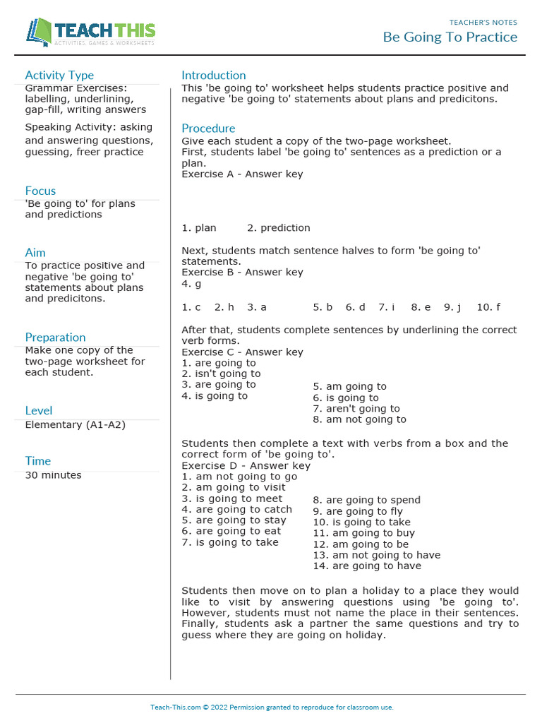 Answerkey Be Going To Practice | PDF