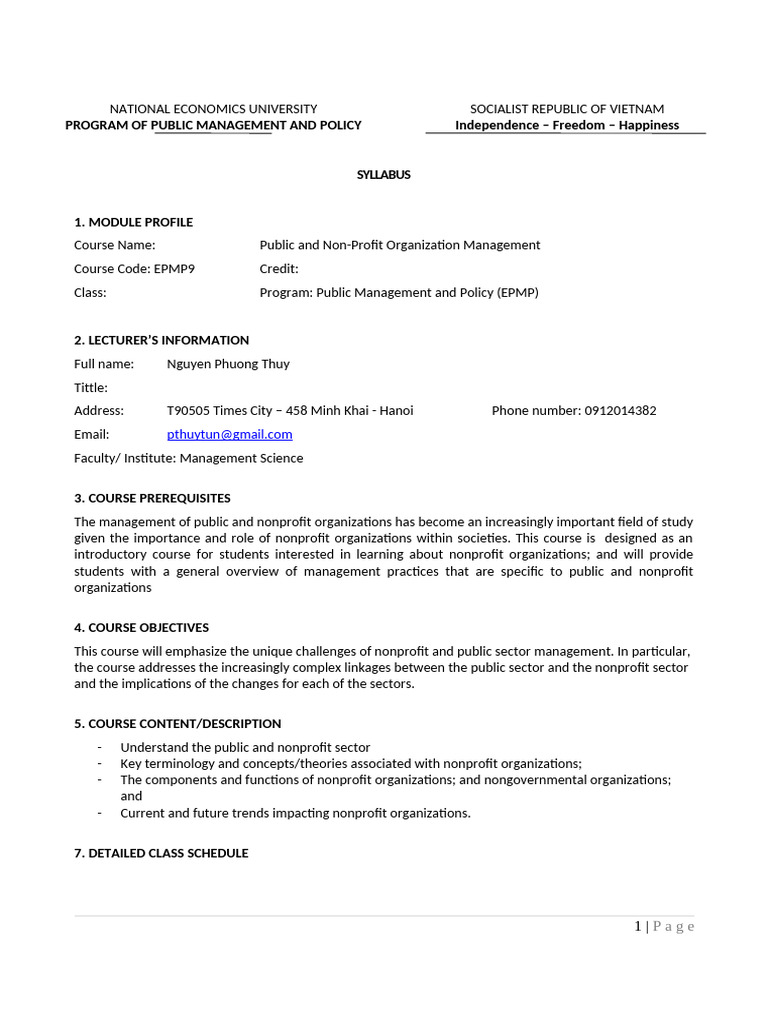 Syllabus Structure 2026 Public Non - Profit Organization Management | PDF