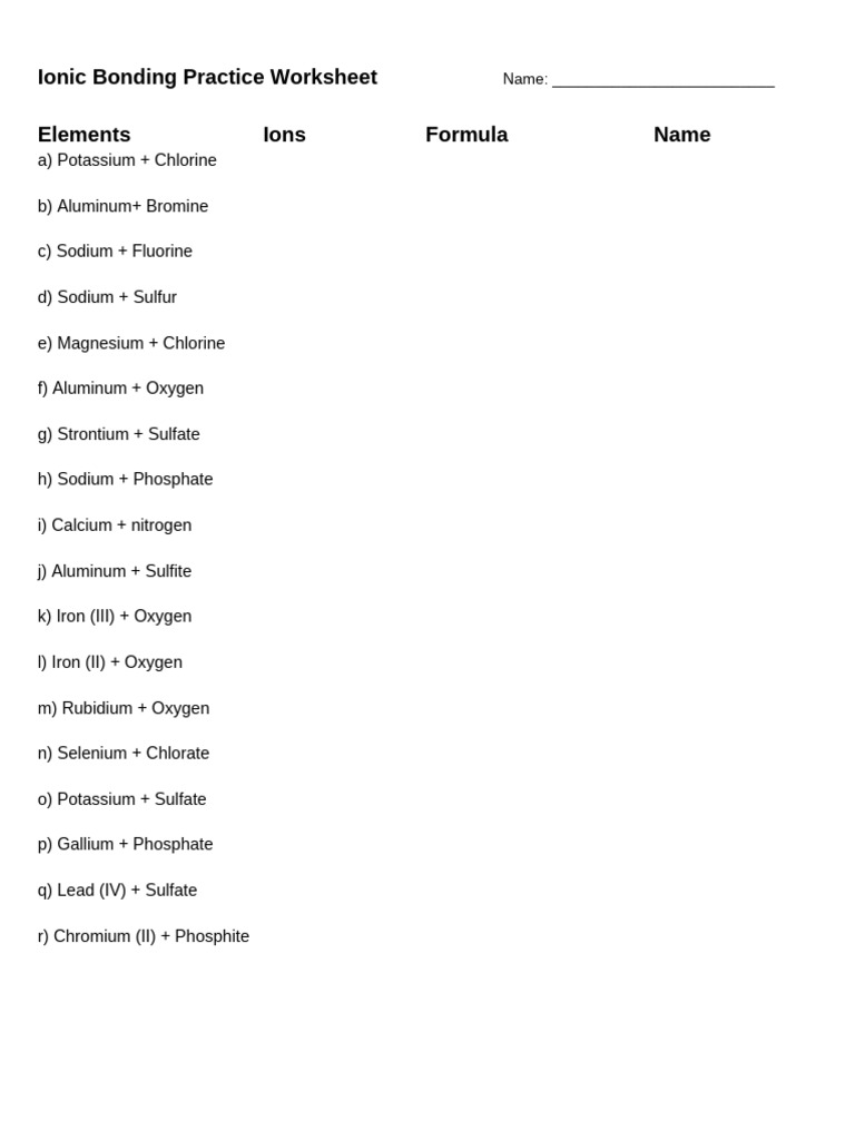 Ionic Bonding Practice Worksheet 1 | PDF