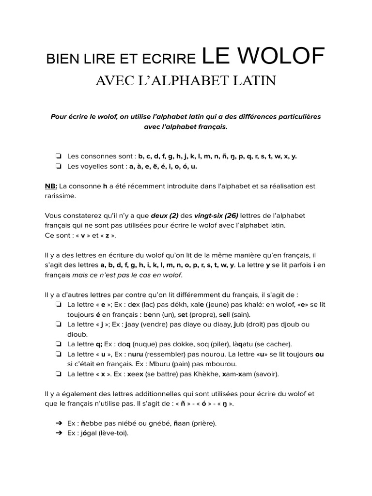 Bien Lire Et Ecrire Le Wolof Avec L'alphabet Latin | PDF