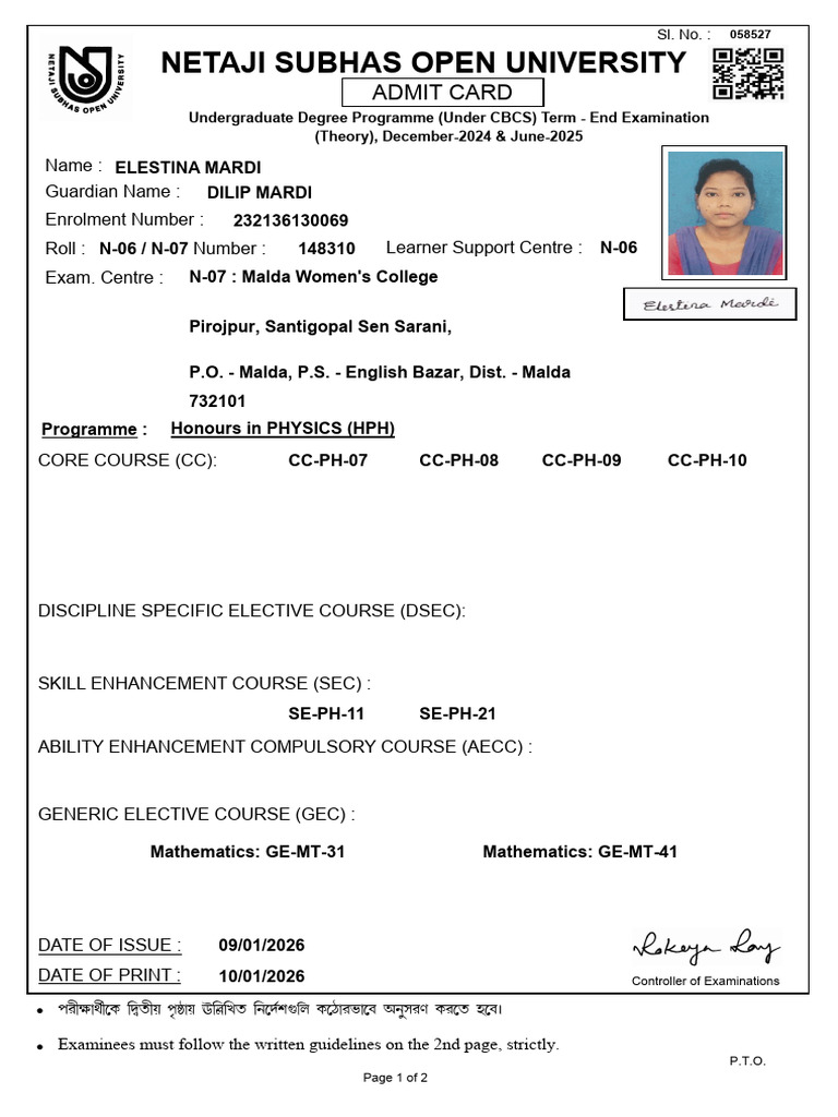 StudentsAdmitCard 23213613006910 01 2026 | PDF