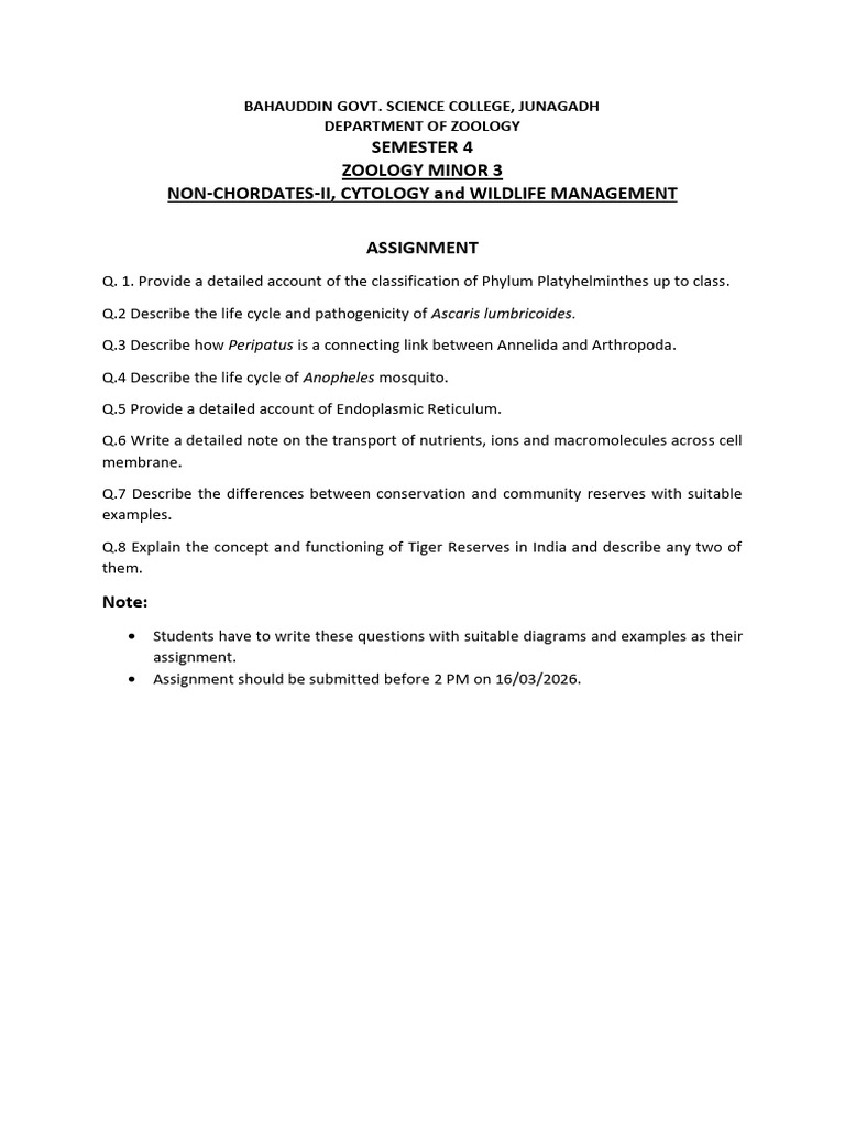 Zoology - Minor 3 - Assignment Sem 4 2026 | PDF