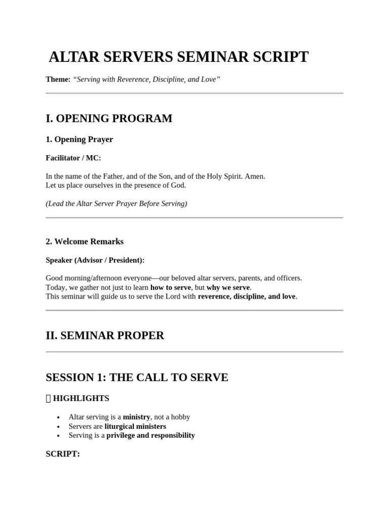 Altar Servers Seminar Script | PDF