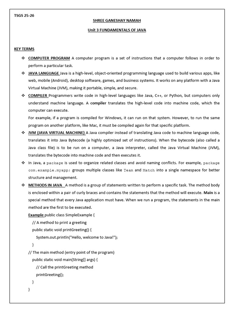 Part B Unit 5 Fundamentals of JAVA | PDF