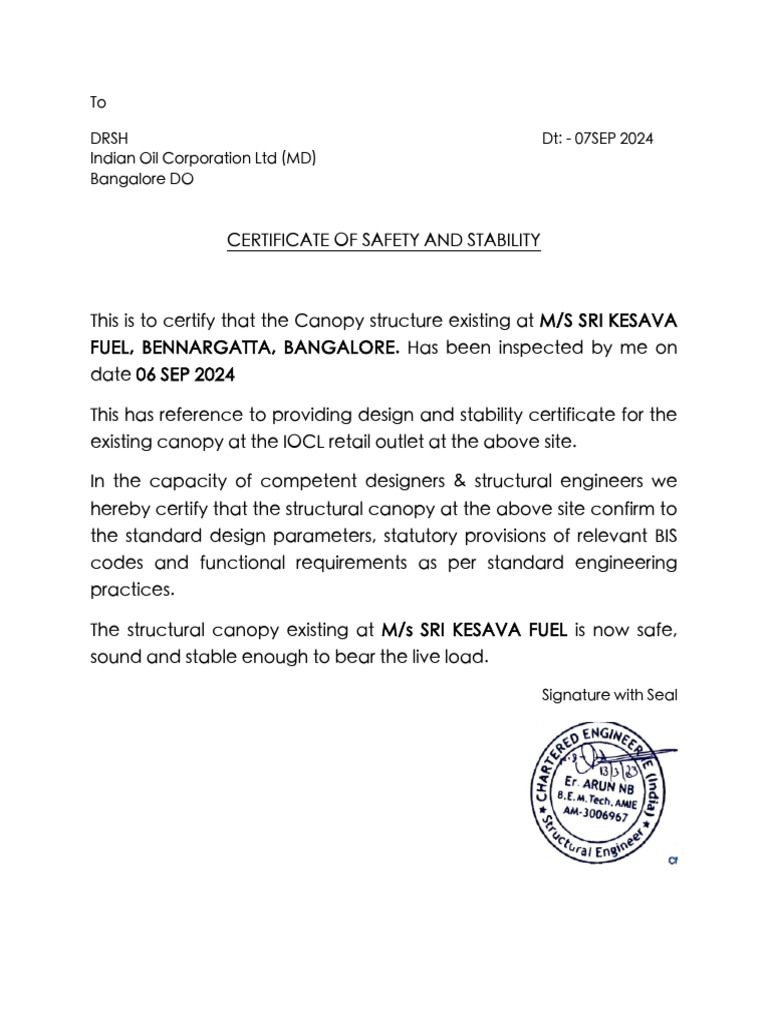 Stability Certificate of KESAVA FUEL | PDF