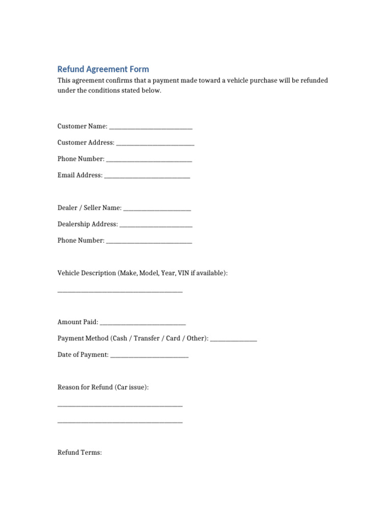 Car Refund Agreement Form | PDF