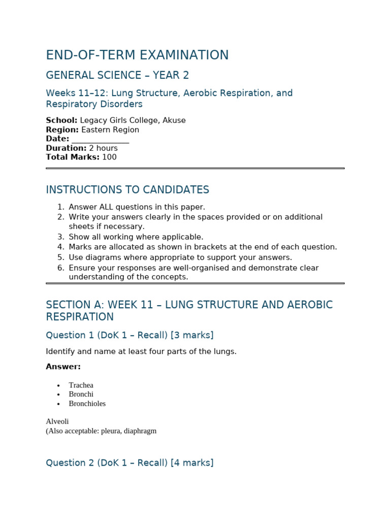 End of Term Examination General Science Year 2 Weeks 11 12 | PDF ...