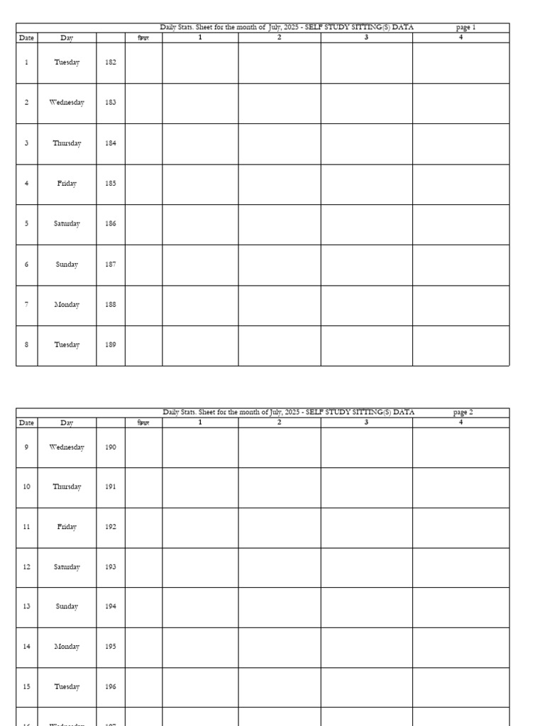 Daily Stats Sheet - Daily Sitting - July (2025) | PDF