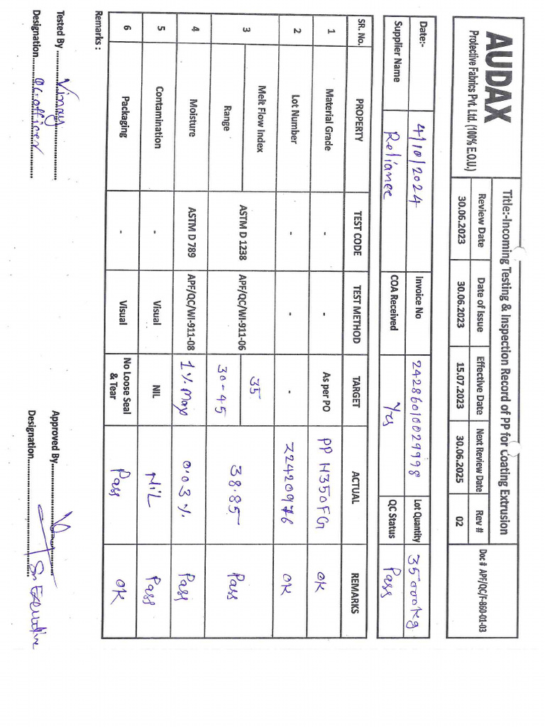 Raw Material Incoming Test Report | PDF