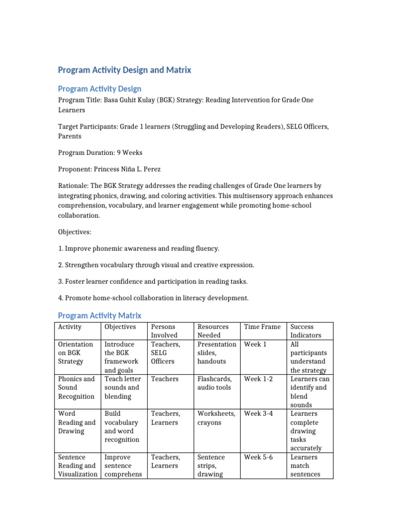 BGK Program Activity Design and Matrix | PDF
