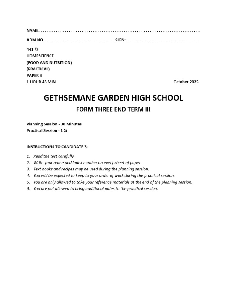Homescience FORM 3 PP3 2025 | PDF