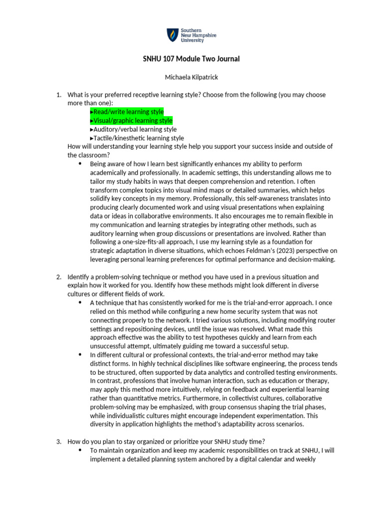 SNHU 107 Module Two Journal - Michaela Kilpatrick | PDF