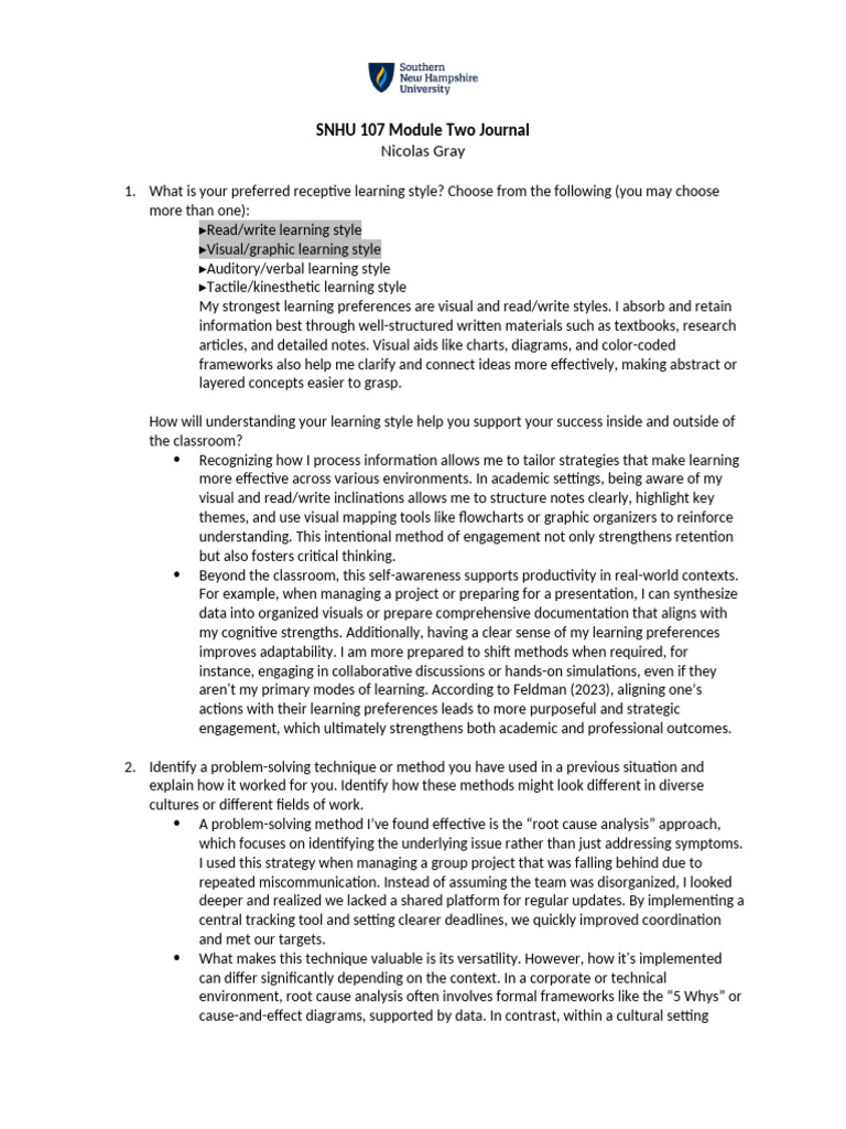 SNHU 107 Module Two Journal - Nicolas Gray | PDF