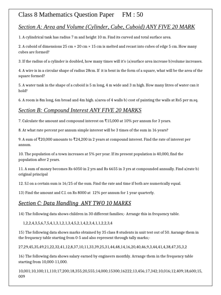 Class 8 Hard Maths Question Paper | PDF | Volume | Area