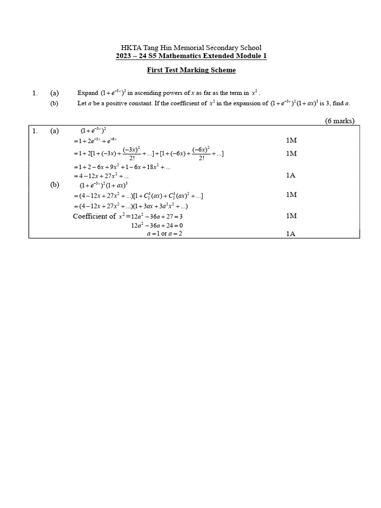 2023-2024 S5 Math M1 First Test Marking Scheme | PDF