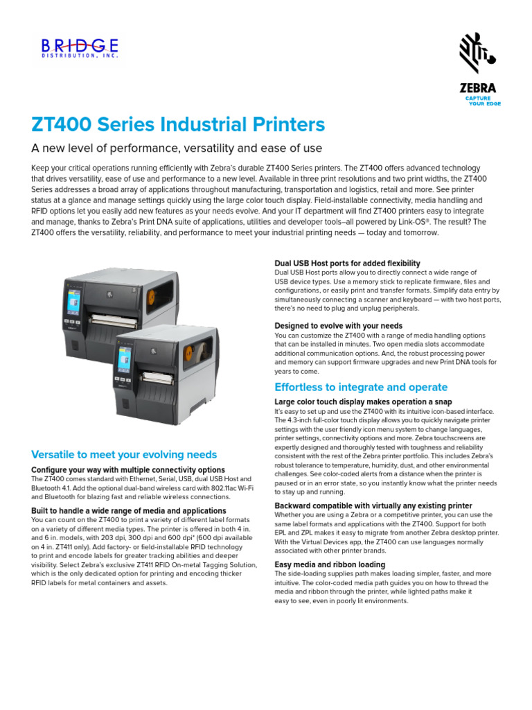 ZT400 Series Industrial Printers Spec Sheet | PDF | Usb | Printer ...