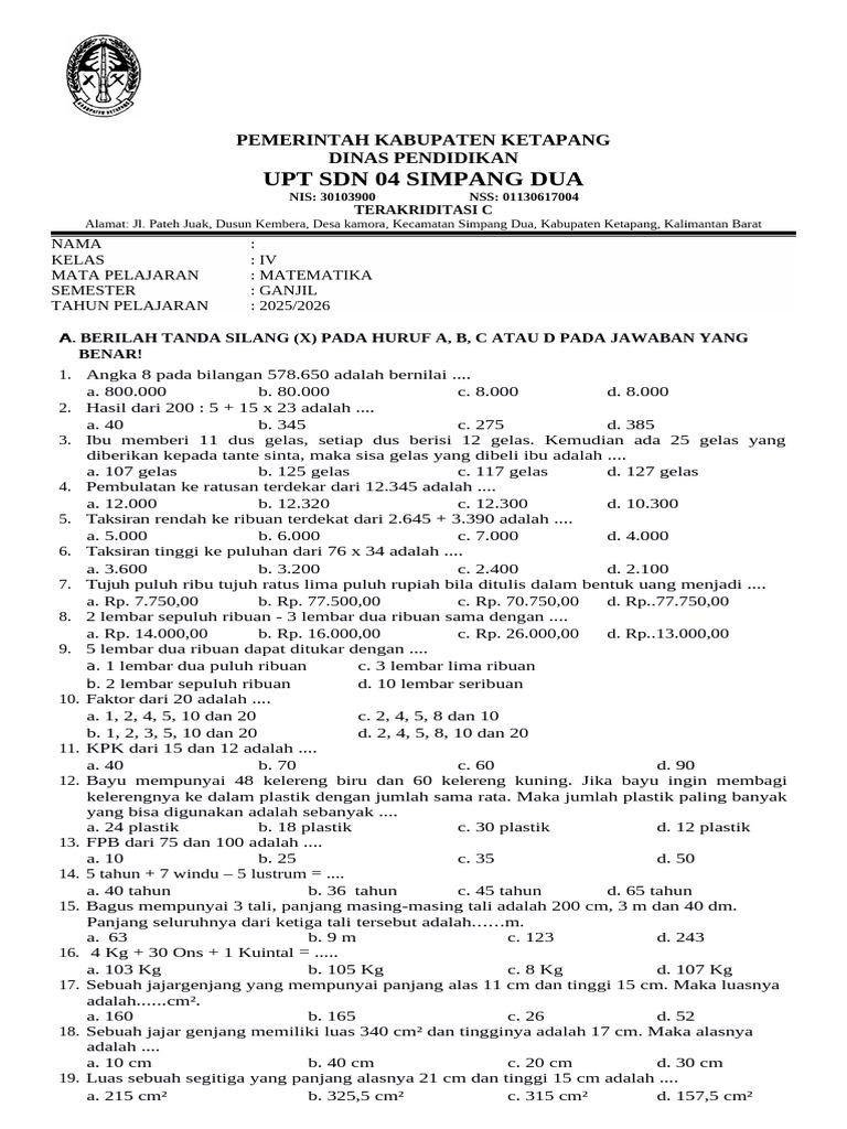 Soal UAS Matematika Kelas 4 SD Semester 1 Ganjil Dan Kunci Jawaban WWW ...
