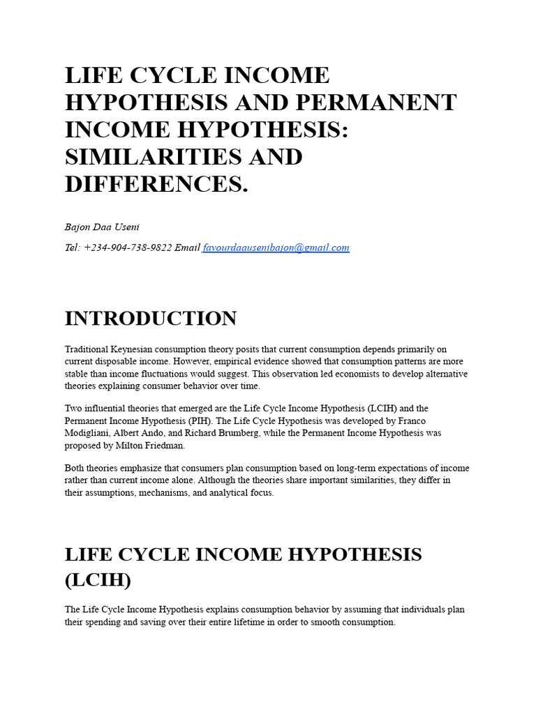 Life Cycle Income Hypothesis and Permanent Income Hypothesis | PDF ...