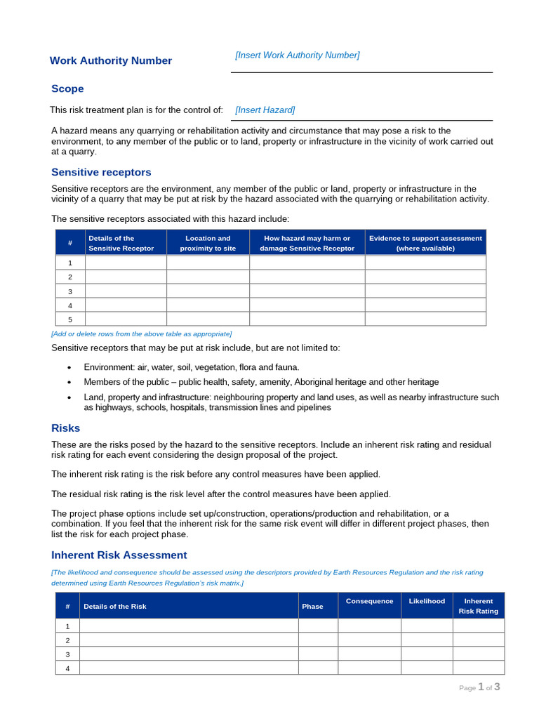 Risk Treatment Plan Template | PDF