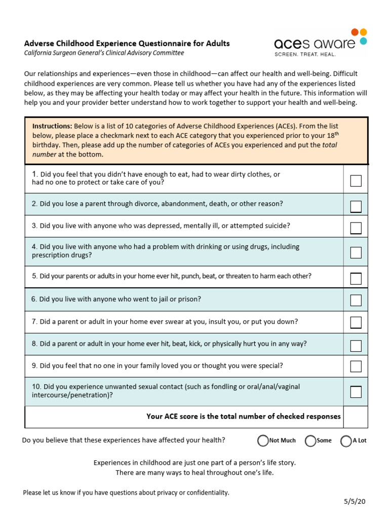 ACE Questionnaire For Adults Identified English Rev.7.26.22 | PDF