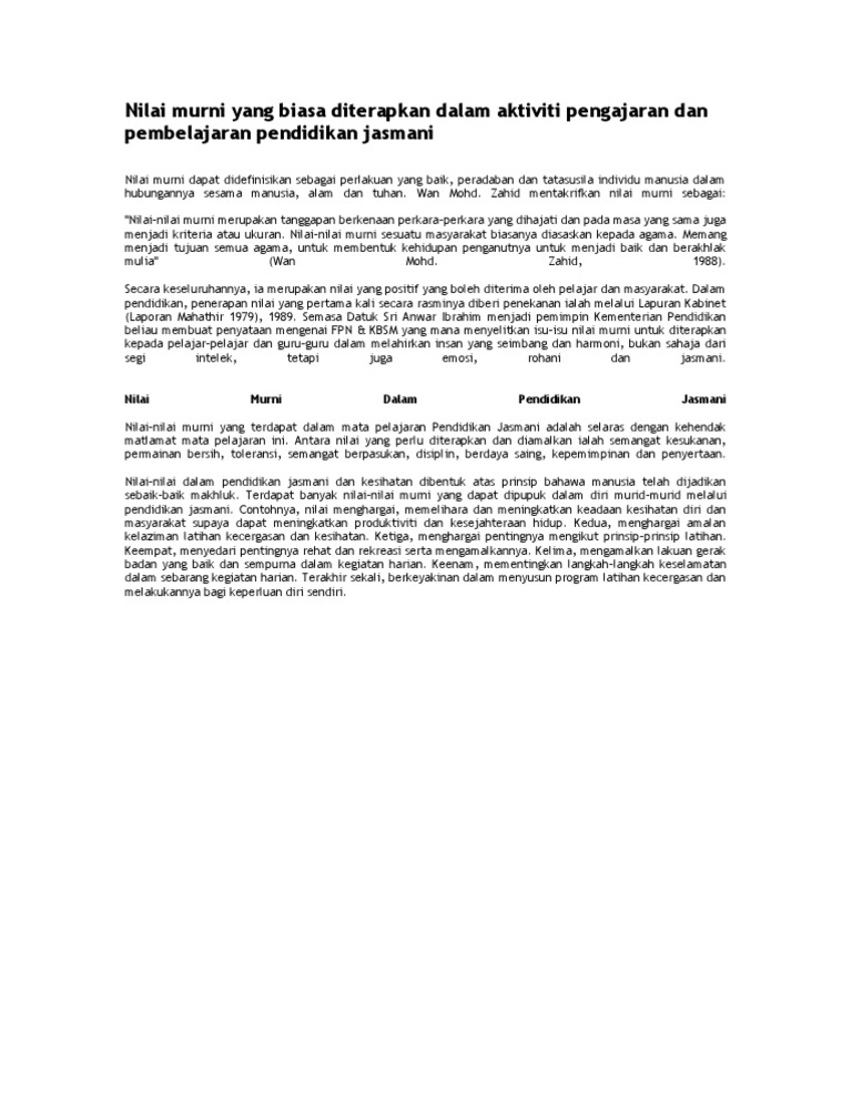 Nilai Murni Yang Biasa Diterapkan Dalam Aktiviti Pengajaran Dan Pembelajaran Pendidikan Jasmani Pdf