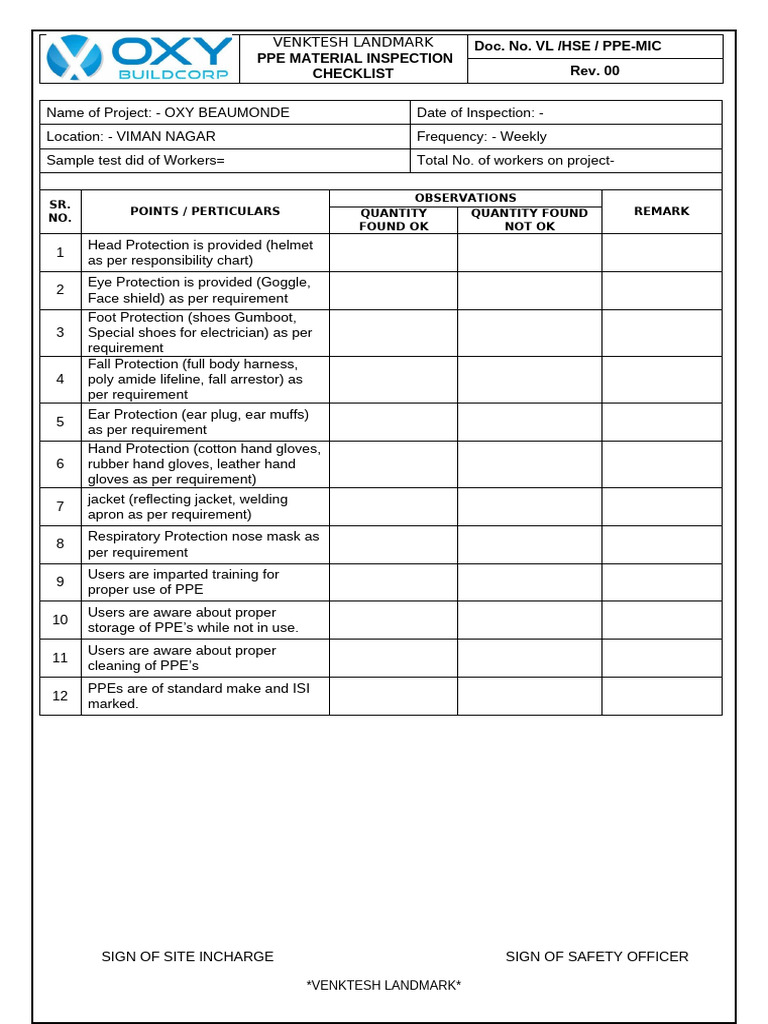 Ppe Material Inspection Checklist | PDF