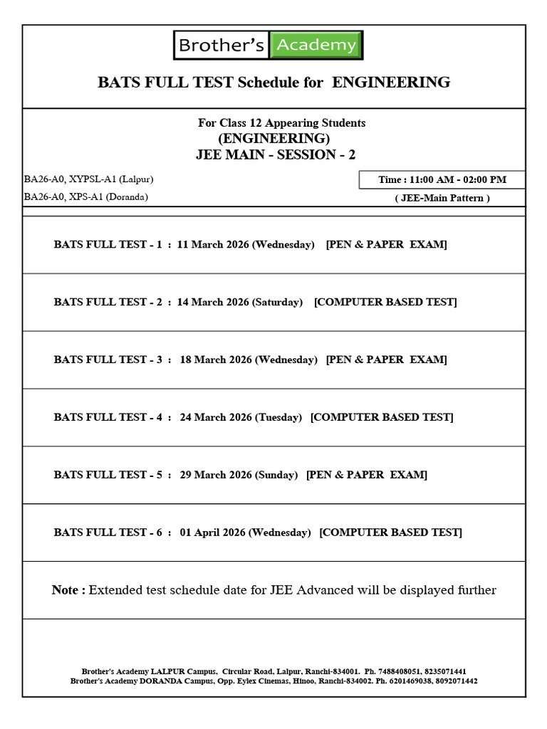 Bats Full Test 12 Appearing Schedule Engg. 2025-26 Session - 2-1 | PDF
