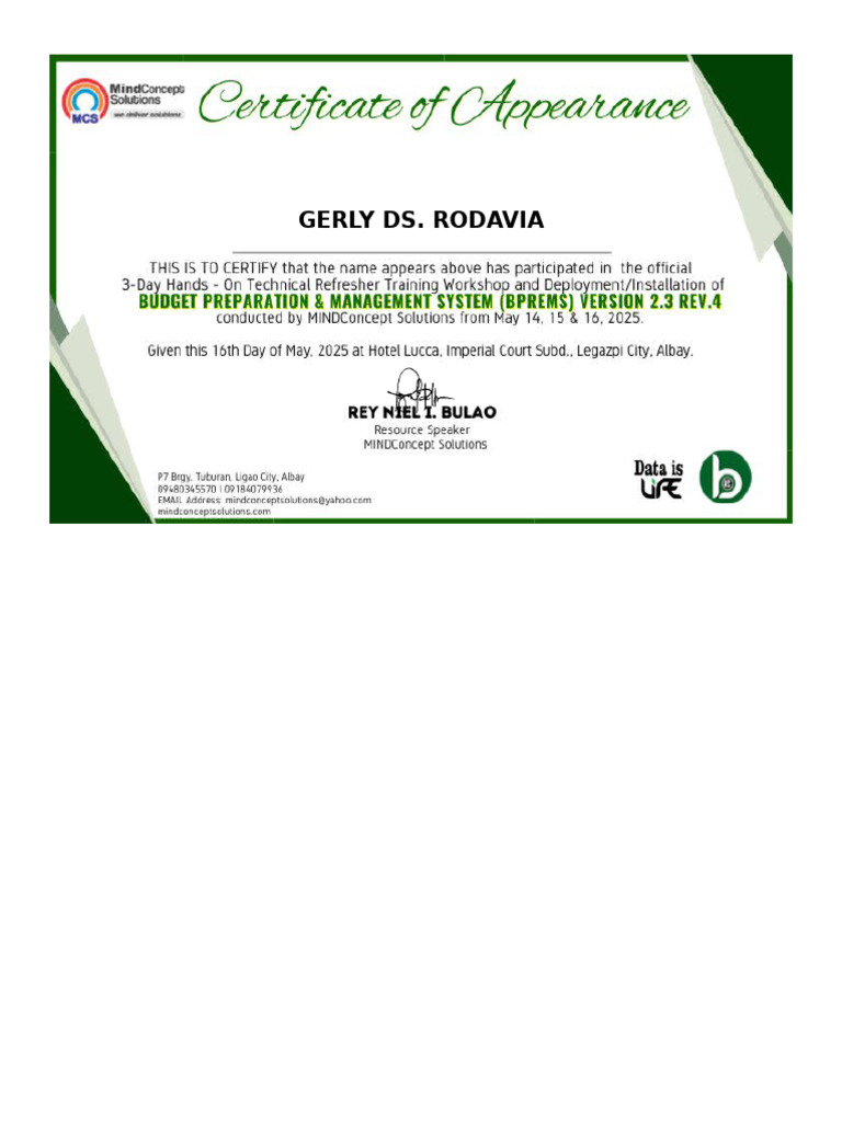Appearance Certificate Letter GERLY DS. RODAVIA | PDF