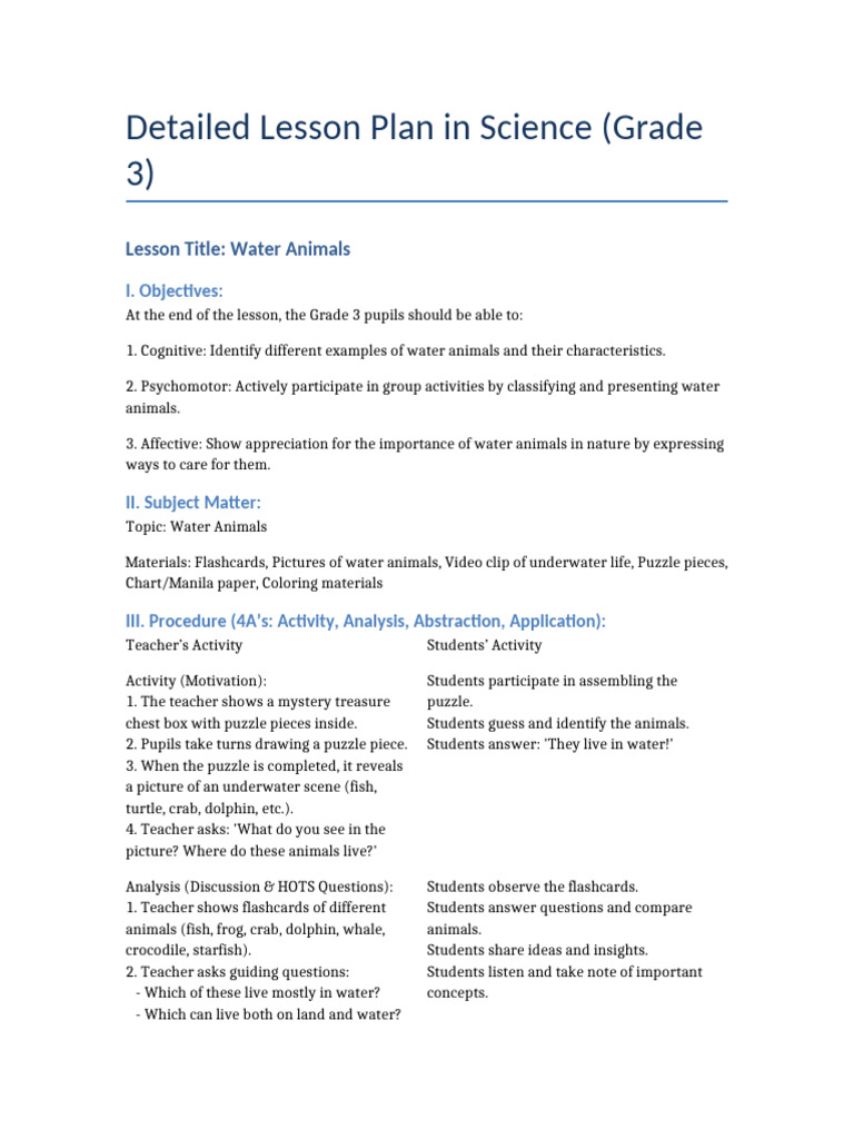Detailed Lesson Plan Water Animals | PDF