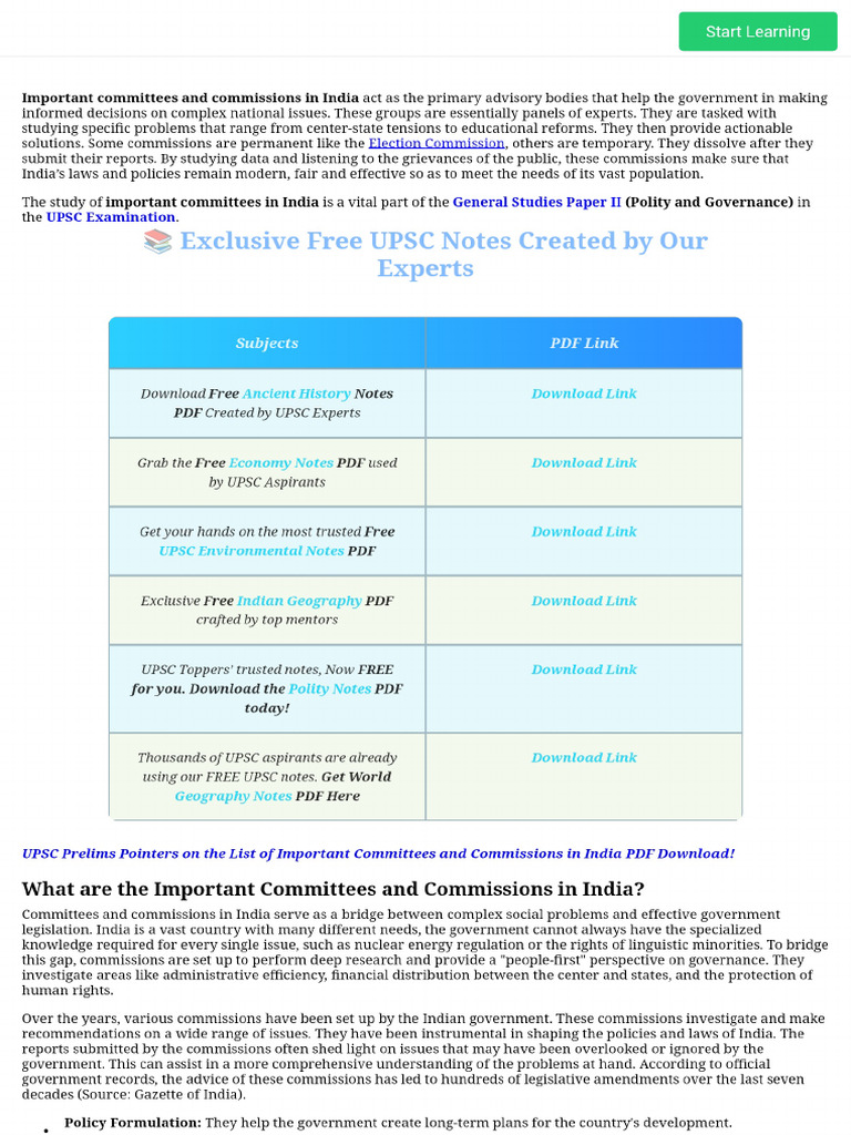 Major Committees & Commissions in India UPSC, List With Recommendations ...