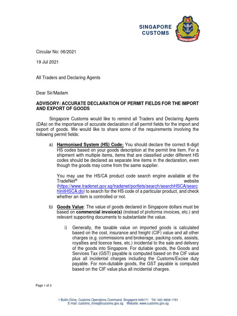 SG Customs Circular - Description, Incoterm, Consignee, Address | PDF